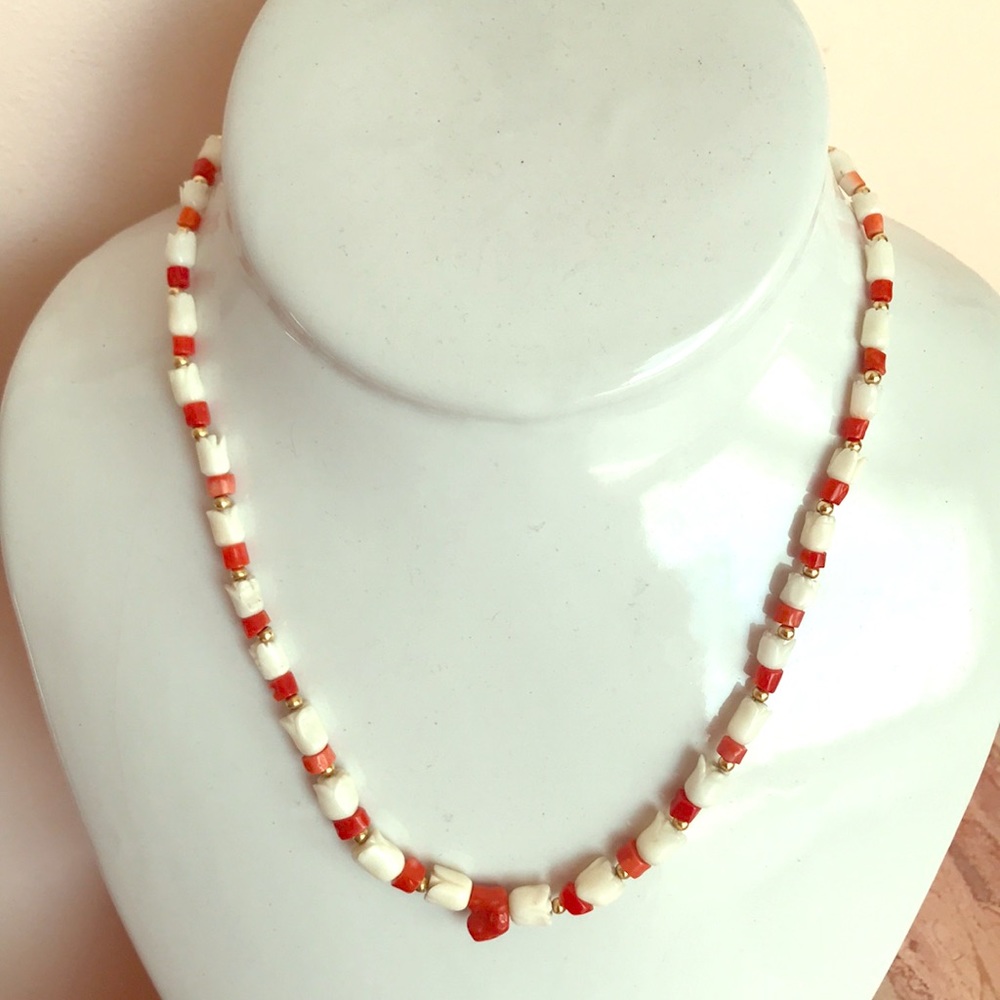 Vintage red and white coral 14k beads necklace